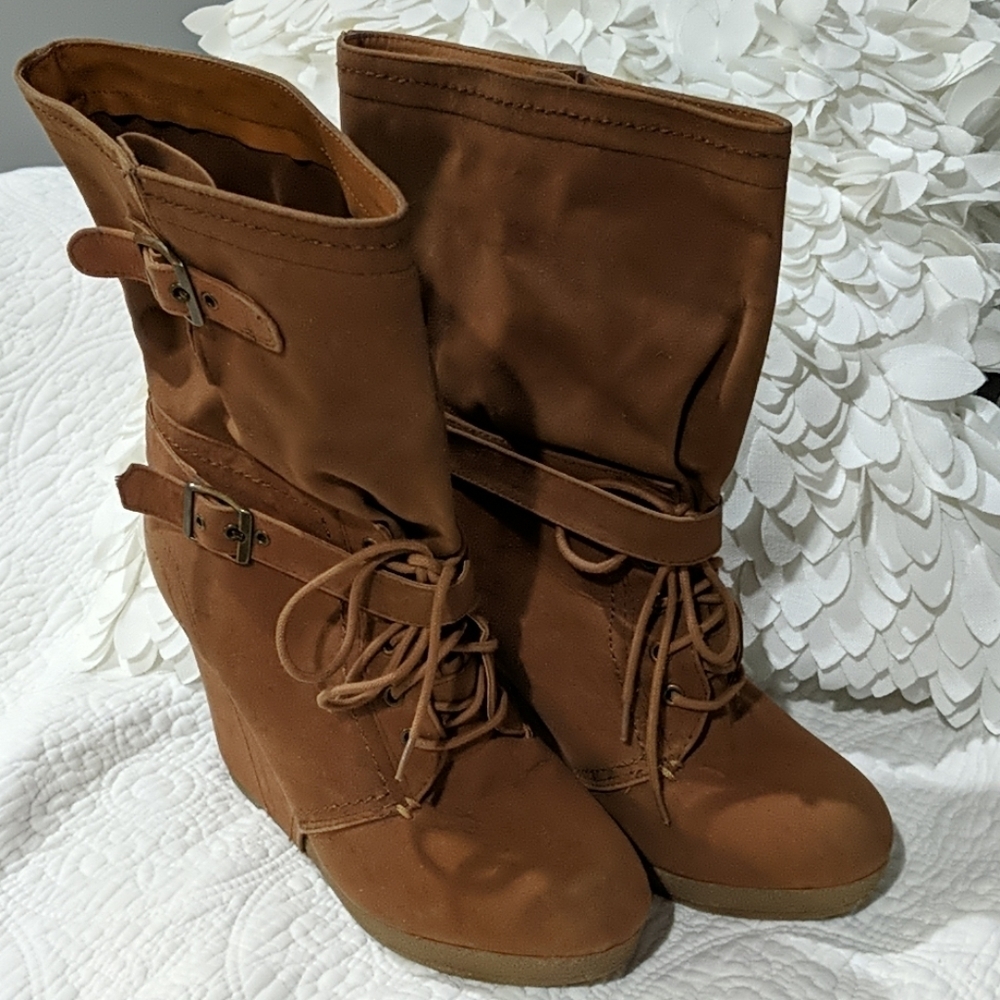 Unique Boho Western Caramel Suede wedge Slouch Boots